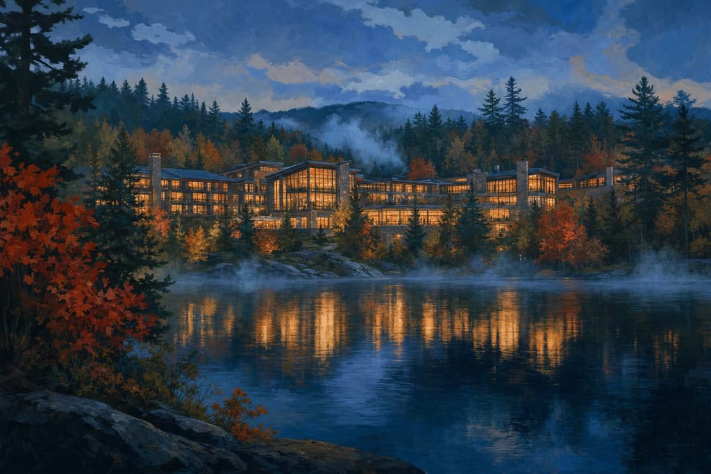 Gemaltes Resorthotel mit hell erleuchteten Fensterfronten am Ufer eines Sees, umgeben von herbstlichem Nadel- und Laubwald in der Abenddämmerung