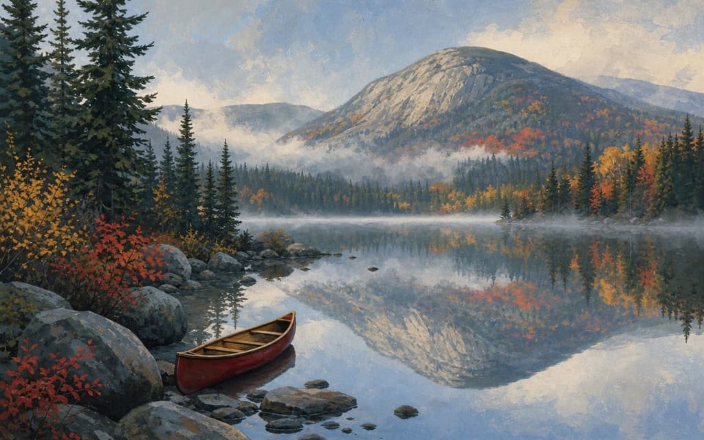 Gemalter Bergsee in den White Mountains mit spiegelndem Gipfel