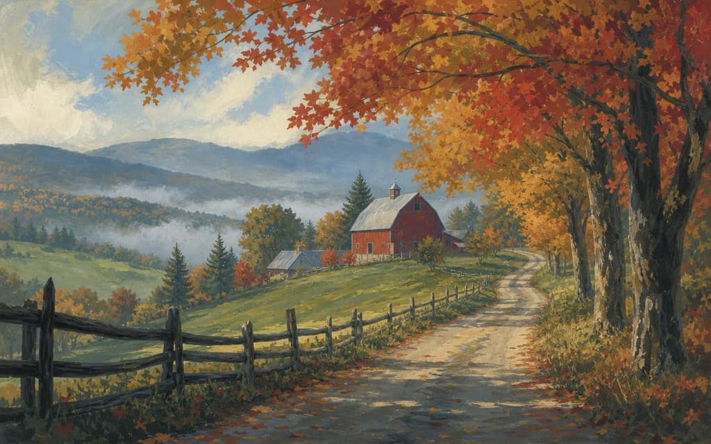 Gemalter Feldweg in Vermont mit roter Scheune und Herbstahornen