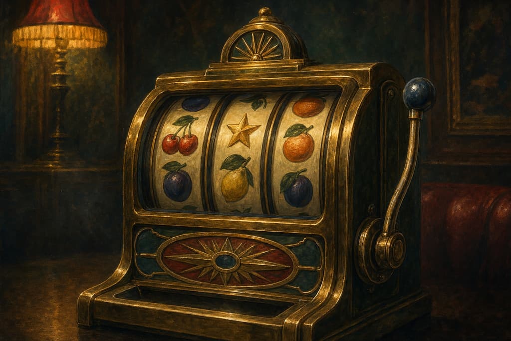 Gemalter historischer Spielautomat mit Messinggehäuse, drei Walzen mit Frucht- und Sternsymbolen und seitlichem Hebel in einem dunklen holzvertäfelten Raum
