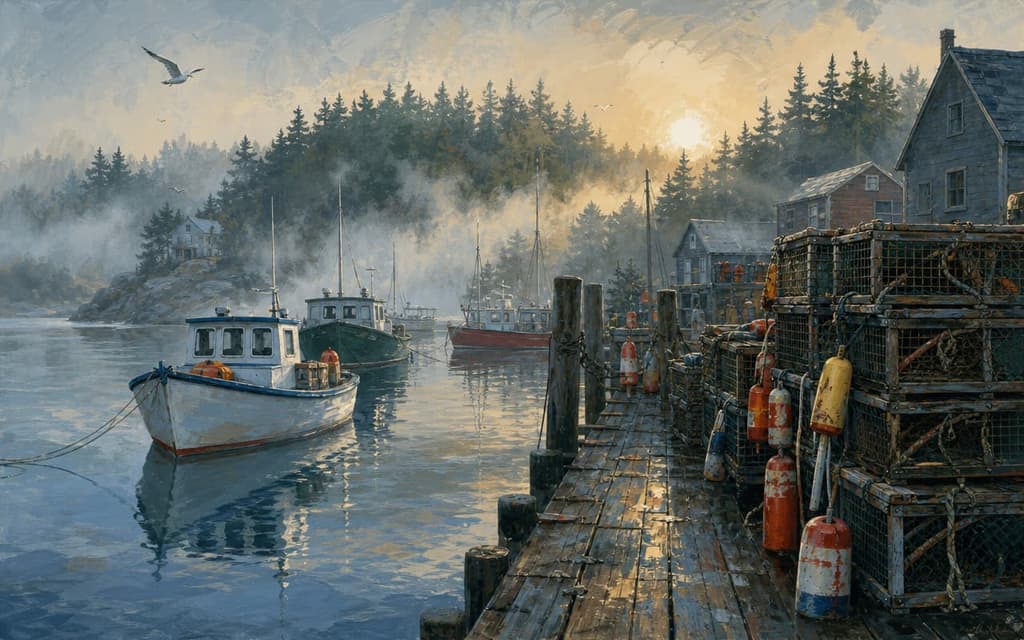 Gemalter Hummerhafen in Maine mit Booten und bunten Bojen im Nebel