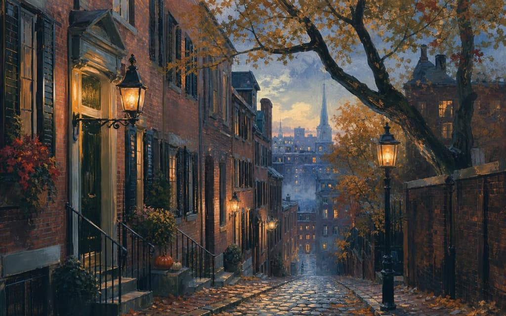 Gemalte Beacon-Hill-Gasse in Boston mit Gaslaternen