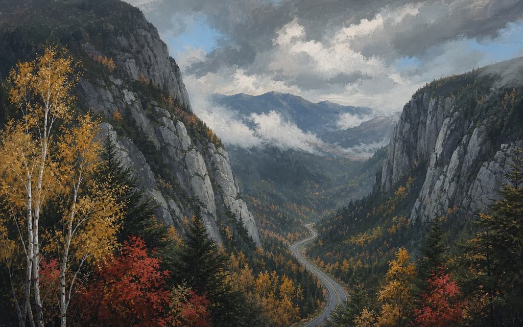 Gemalter Granit-Notch in New Hampshire mit gewundener Straße