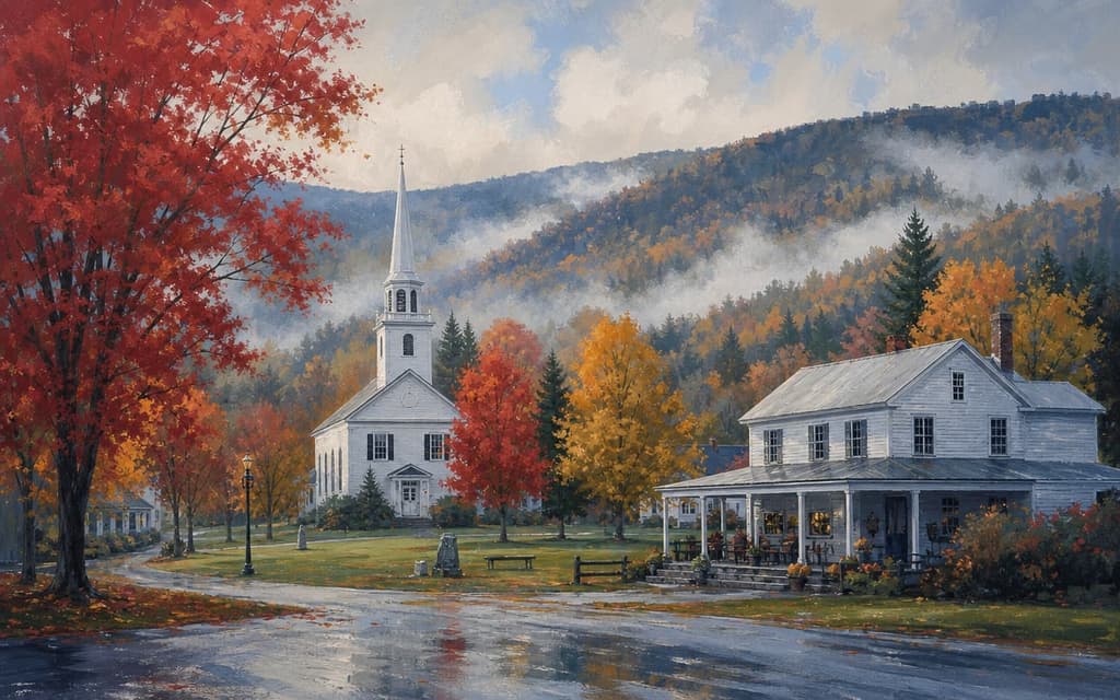 Gemaltes Dorfzentrum in Vermont mit weißer Kirche und Ahornen