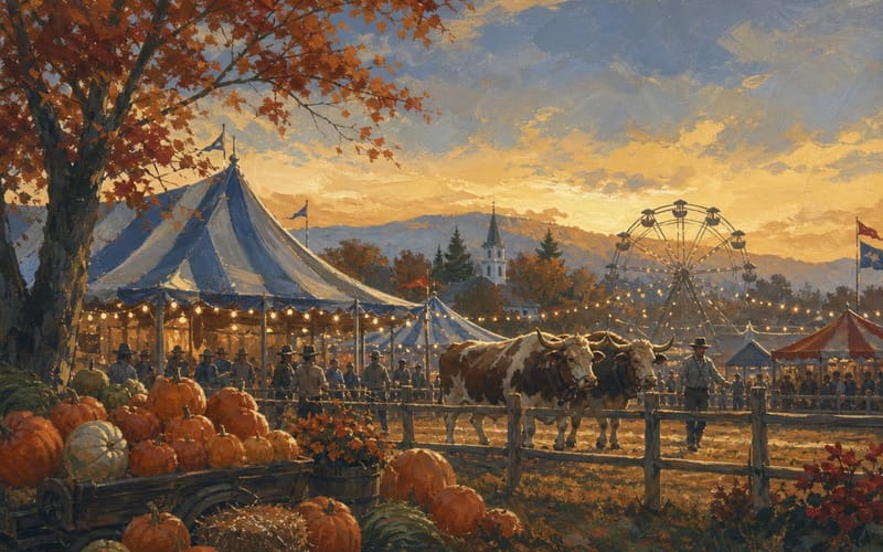 Gemaltes Erntefest in Neuengland mit Zelten, Kürbissen und Riesenrad in der Abendsonne