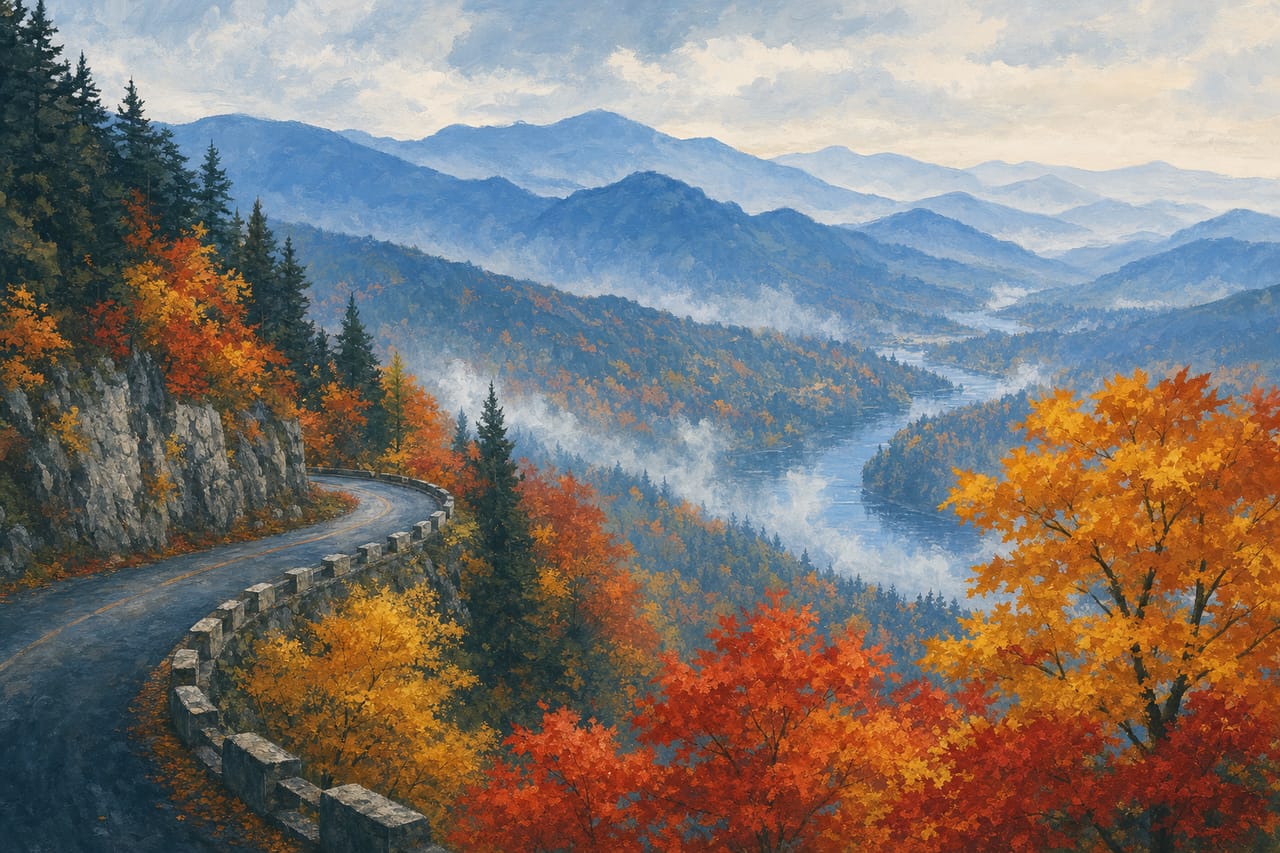 Gemalte Herbstlandschaft: Bergstraße durch ein Tal in voller Laubfärbung, Nebel über dem Fluss