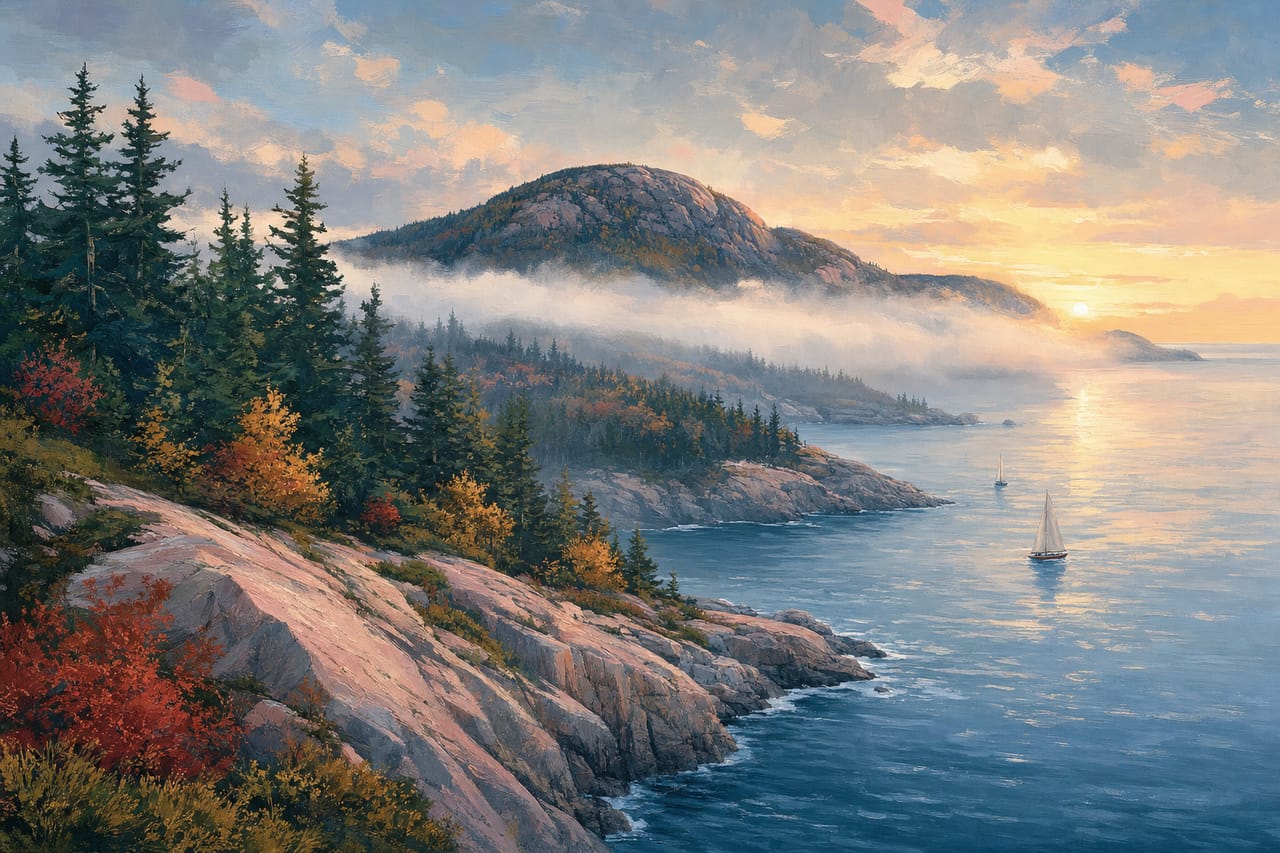 Gemalte Küstenlandschaft mit Granitfelsen, Nadelwald und ruhigem Meer bei Sonnenaufgang