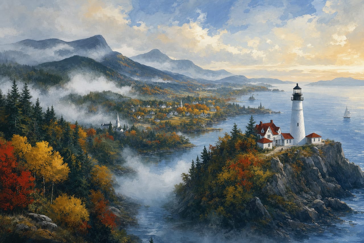 Gemalte Panorama-Ansicht Neuenglands: Küste mit Leuchtturm, bewaldete Berge und Dörfer im Morgennebel