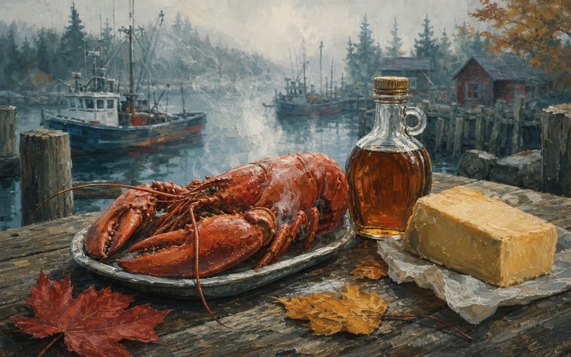 Gemaltes Hafen-Stillleben mit Hummer, Ahornsirup und Käse