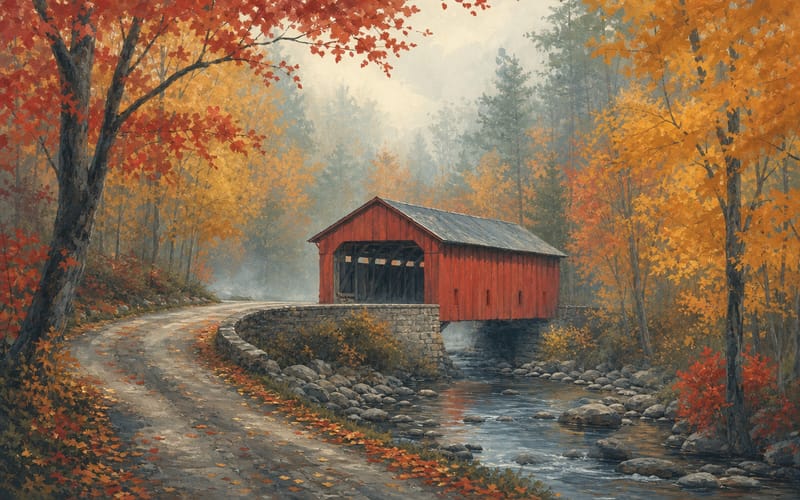 Gemalte rote überdachte Brücke über einem Bach im Herbstwald