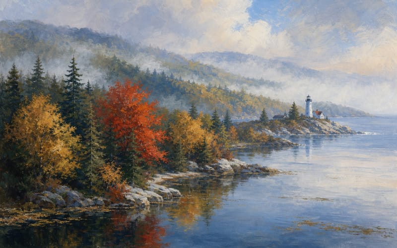 Gemaltes Panorama Neuenglands: Herbstwälder, Küste und Leuchtturm im Wandel des Lichts