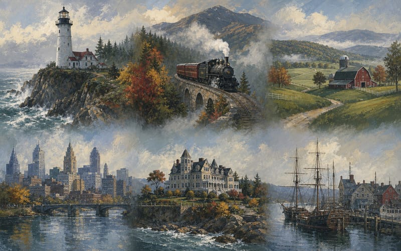 Sechs gemalte Reise-Vignetten Neuenglands: Leuchtturm, Bergbahn, Farm, Stadt, Villa und Hafen