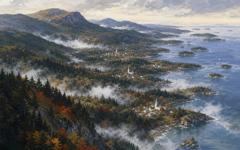 Gemalte Vogelperspektive Neuenglands mit Bergen, Küste und Dörfern im Morgennebel